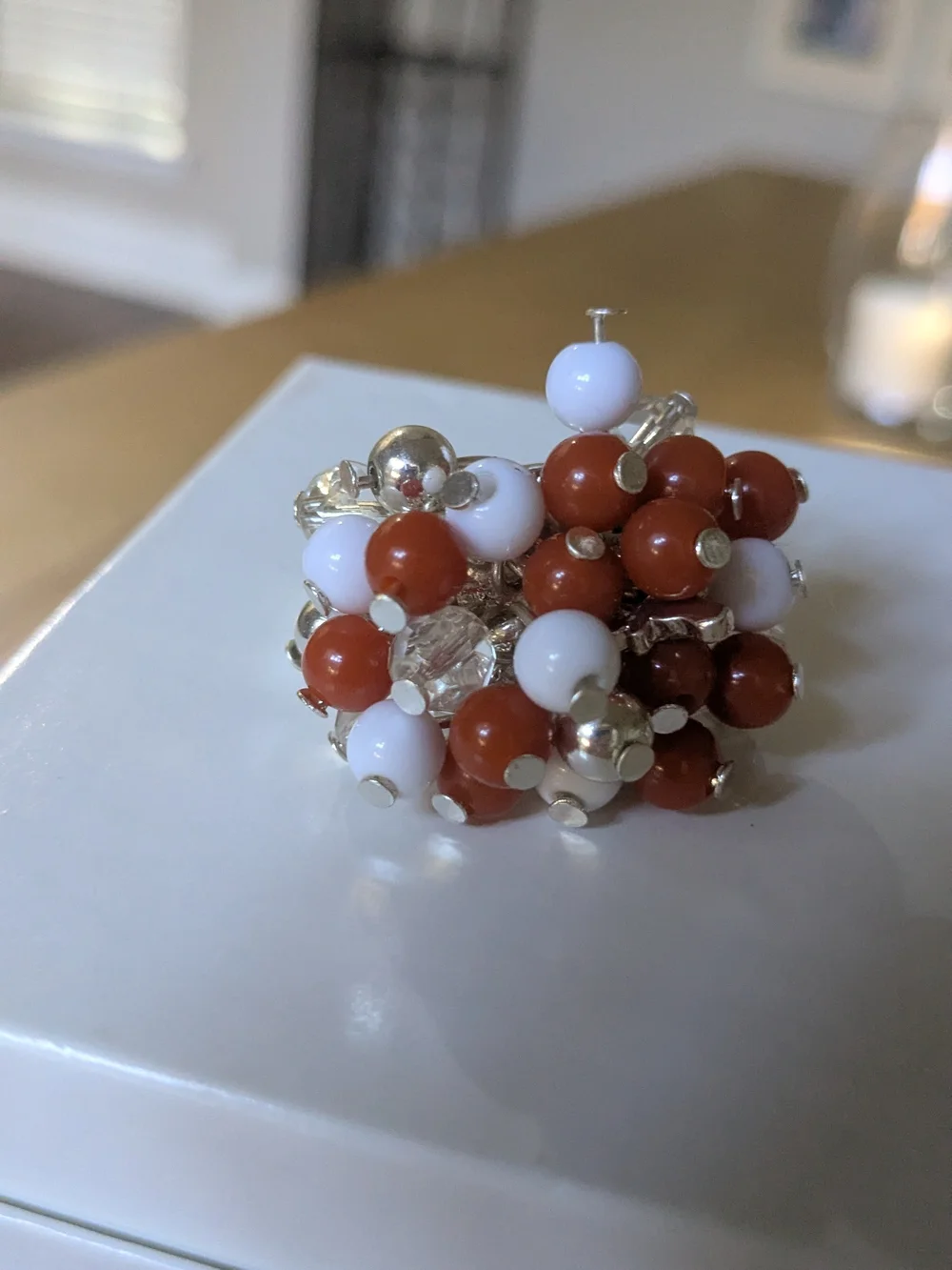 Cluster Bead Statement Ring - White & Coral Beads